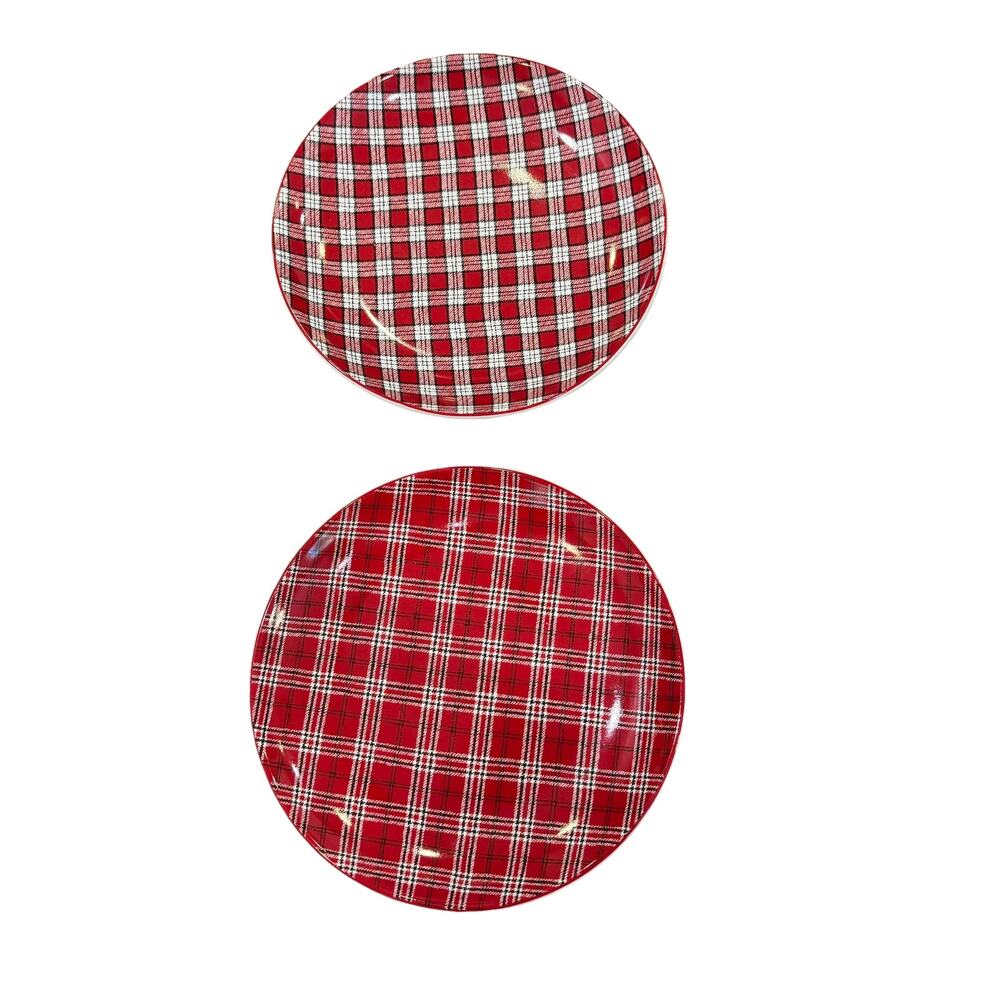 Pier 1 Humbolt‎ Red Plaid Plates Porcelain Round Set Of 2  8"